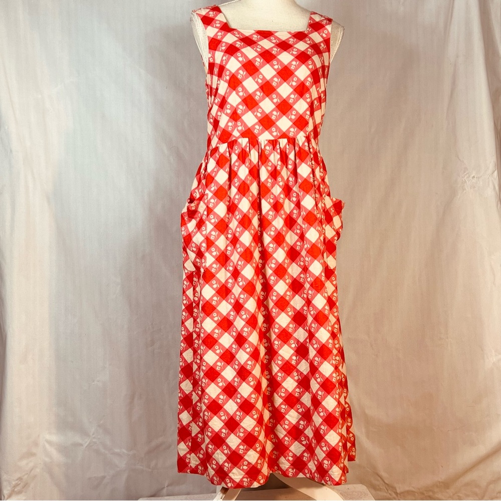 Joanie Dress Cottagecore Red & Cream Gingham Floral Print MIDI Pleated Skirt 4👍
